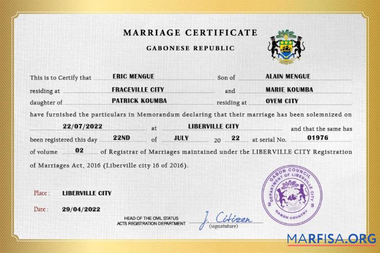 Downloadable Gabon marriage certificate PSD template